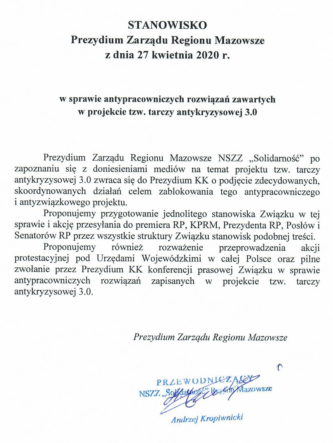 Stanowisko Prezydium ZRMazowsze 27.04.2020